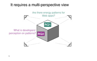 13
RQ1
Are there energy patterns for
Web apps?
What is developers’
perception on patterns? RQ2
It requires a multi-perspective view
 