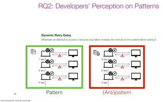 Dark UI Colors
Provide a dark UI colour theme to save battery.
Dynamic Retry Delay
Whenever an attempt to access a resource has failed, increase the interval of time waited before asking it
Open Only When Necessary
Open/start resources/services only when they are strictly necessary.
Push Over Poll
Use push notifications to receive updates from resources instead of actively querying resources (polling)
Power Awareness
Have a different behavior when device is connected/disconnected to a power station
Wifi Over Cellular
Delay or disable heavy data connections until the device is connected to a WiFi network
22
https://tqrg.github.io/energy-patterns/#/
1 sec
2 sec
4 sec
RQ2: Developers’ Perception on Patterns
Pattern
3 sec
3 sec
3 sec
(Anti)pattern
 