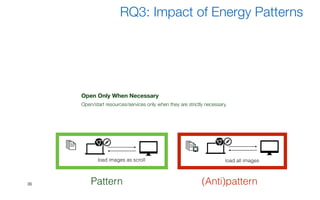 Dark UI Colors
Provide a dark UI colour theme to save battery.
Dynamic Retry Delay
Whenever an attempt to access a resource has failed, increase the interval of time waited before asking it
Open Only When Necessary
Open/start resources/services only when they are strictly necessary.
Push Over Poll
Use push notifications to receive updates from resources instead of actively querying resources (polling)
Power Awareness
Have a different behavior when device is connected/disconnected to a power station
Wifi Over Cellular
Delay or disable heavy data connections until the device is connected to a WiFi network
36
RQ3: Impact of Energy Patterns
load images as scroll
Pattern
load all images
(Anti)pattern
 