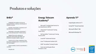 Produtosesoluções
BrBiz®
· Integradora de soluções com foco em
entrega eletrônica, cobrança e distribuição de
software e serviços
· Soluções customizadas e arquitetura de TI
dos fabricantes e distribuidores
· Distribuidor e licenciador da Symantec™
para a linha SOS (Symantec™ Online Service)
· Pagador Recorrente: gateway de
pagamento desenvolvido pela BrBiz® que
possibilita transações rápidas e seguras
· Compra com um clique: experiência única
de compra simplificada para o consumidor final
evO Technologies®
· Coleta de dados e eventos assemelhados e
correlatos
· Soluções eVo
Energy Telecom
Academy®
· Microsoft™ Certified Gold Partner for
Learning Solutions (MPLS)
· Check Point™ Authorized Training
Center (ATC)
· Dell SonicWALL™ Authorized Training
Partner (ATP)
· CompTIA™ Authorized Partner
· Linux™ Professional Institute (LPI)
· EXIN™ Accredited Training Provider
· Centro de Certificação Oficial
Prometric e VUE
Aprenda TI®
· Capacitação online em TI
· CompTIA™ Cloud Essentials
· Microsoft Office® 365
· Microsoft Windows® 8
 