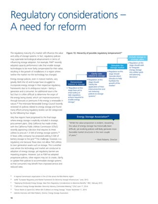 16
The regulatory maturity of a market will influence the value
and utility of storage systems. In fact, regulatory policies
may supersede technological advancements in terms of
influencing storage adoption. For example, PJM45
recently
adopted capacity performance rules that enable storage
technologies to be more fairly compensated for their value,
resulting in the growth of installations in a region where
neither the market nor the technology has changed.
Energy storage policies, even in mature markets, vary
greatly. Both the US and Europe have struggled to
incorporate energy storage in their respective regulatory
frameworks due to its ambiguous nature – being a
generator and a consumer. An additional issue is the
fact that it is often difficult to determine the origin of
the energy being stored, which can improve economics
through bonuses or premiums if the energy is renewable in
nature.46
The Interstate Renewable Energy Council recently
reviewed US policies related to energy storage and found
many efforts among regulatory bodies can be categorized
by the following four stages.
Very few regions have progressed to the final stage
where energy storage is explicitly included in strategic
procurement plans. Only California has made strides,
with the California Public Utilities Commission (CPUC)
recently approving a decision that requires its three
utilities to procure 1.3 GW of energy storage systems.48
A Texas utility company has proposed adding 5 GW of
battery storage to the grid.49
The challenge, however, is a
regulatory one because Texas does not allow T&D utilities
to own generation assets such as storage. This is another
case where the technology and market are conducive to
adoption of energy storage, yet regulatory barriers are
impeding progress. However, just as PJM has adopted
progressive policies, other regions may act to create, clarify,
or update their policies to accommodate storage systems
so that consumers may benefit from improved service and
reduced rates.
Regulatory considerations –
A need for reform
Figure 10. Hierarchy of possible regulatory temperament47
“While the value proposition is evident, rewarding
the value of energy storage has historically been
difficult, yet evolving policies will likely generate more
favorable market structures in the next couple
of years.”
— Matt Roberts, Director
Energy Storage Association50
Demonstrate
interest in storage
Clarify rules
related to storage
Stimulate the
storage market
Include storage in
strategic plans
“Regulators at this
stage have yet to
enact policy or
take regulatory
actions required to
enable energy
storage.”
Regulators at this
stage should
“clarify the
application of their
interconnection and
net metering
policies to storage
systems.”
Regulators at this
stage should
“provide direct
stimulus to help
facilitate the
growth of the
market.”
Regulators at this
stage should seek
to“integrate
energy storage
into utilites’grids
and planning
decisions.”
45
	 A regional transmission organization in the US that serves the Mid-Atlantic region.
46
	 stoRE “European Regulatory and Market Framework for Electricity Storage Infrastructure,” June, 2013.
47
	 “Deploying Distributed Energy Storage: Near-Term Regulatory Considerations to Maximize Benefits,” IREC, February 2015.
48
	 “California’s Energy Storage Mandate: Electricity Advisory Committee Meeting,” CPUC June 17, 2014.
49
	 “Oncor Wants to Spend $5.2 Billion (€4.73 Billion) on Energy Storage,” Power, November 11, 2014.
50
	 Deloitte Interview with Matt Roberts, Director, Energy Storage Association.
 