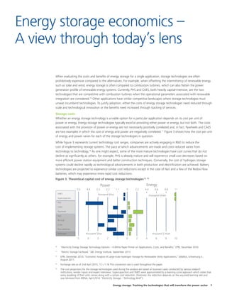 Energy storage: Tracking the technologies that will transform the power sector 7
When evaluating the costs and benefits of energy storage for a single application, storage technologies are often
prohibitively expensive compared to the alternatives. For example, when offsetting the intermittency of renewable energy
such as solar and wind, energy storage is often compared to combustion turbines, which can also flatten the power
generation profile of renewable energy systems. Currently, PHS and CAES, both heavily capital-intensive, are the two
technologies that are competitive with combustion turbines when the operational parameters associated with renewable
integration are considered.10
Other applications have similar competitive landscapes where storage technologies must
unseat incumbent technologies. To justify adoption, either the costs of energy storage technologies need reduced through
scale and technological innovation or the benefits need increased through stacking of services.
Storage costs
Whether an energy storage technology is a viable option for a particular application depends on its cost per unit of
power or energy. Energy storage technologies typically excel at providing either power or energy, but not both. The costs
associated with the provision of power or energy are not necessarily positively correlated and, in fact, flywheels and CAES
are two examples in which the cost of energy and power are negatively correlated.11
Figure 3 shows how the cost per unit
of energy and power varies for each of the storage technologies in question.
While Figure 3 represents current technology cost ranges, companies are actively engaging in R&D to reduce the
cost of implementing storage systems. The pace at which advancements are made and costs reduced varies from
technology to technology.14
As one might expect, some of the more mature technologies have cost curves that do not
decline as significantly as others. For example, PHS is already mature and will experience small cost decreases based on
more efficient power station equipment and better construction techniques. Conversely, the cost of hydrogen storage
systems could decline rapidly as technological advancements in both production and electrification are achieved. Battery
technologies are projected to experience similar cost reductions except in the case of NaS and a few of the Redox Flow
batteries, which may experience more rapid cost reductions.
Energy storage economics –
A view through today’s lens
Figure 3. Theoretical capital cost of energy storage technologies12, 13
SMES
Supercapacitor
PHS
CAES
Flywheels
NaS
Pb Acid
Li-ion
Flow Batteries
Hydrogen
Power Energy
5,5 4,4 3,3 2,2 1,1 0 2,2 4,4 6,6 8,8 11
5 4 3 2 1 0 2 4 6 8 10
thousand €/kw thousand €/kwh
thousand $ /kwhthousand $/kw
10
	 “Electricity Energy Storage Technology Options – A White Paper Primer on Applications, Costs, and Benefits,” EPRI, December 2010.
11
	 “Electric Storage Factbook,” SBC Energy Institute, September 2013.
12
	 EPRI, December 2010; “Economic Analysis of Large-Scale Hydrogen Storage for Renewable Utility Applications,” SANDIA, Schoenung S.,
August 2011.
13
	 Exchange rate as of 2nd April 2015, 1$ = 1,1€ This conversion rate is used throughout the paper.
14
	 The cost projections for the storage technologies used during the analysis are based on business cases conducted by various research
institutions, vendor inputs and expert interviews. Supercapacitors and SMES were approximated by a learning curve approach which states that
every doubling of their units comes along with a certain cost reduction. (footnote: the reduction depends on the assumed learning rate and
was retrieved from IRENA, April 2014, “Electricity Storage – Technology Brief”).
 
