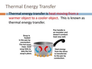 Thermal Energy Transfer
 Thermal energy transfer is heat moving from a
warmer object to a cooler object. This is known as
thermal energy transfer.
 
