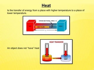 An object does not “have” heat
Is the transfer of energy from a place with higher temperature to a place of
lower temperature.
Heat
 