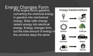 Energy Changes Form
  A car engine burns gasoline,
   converting the chemical energy
   in gasoline into mechanical
   energy. Solar cells change
   radiant energy into electrical
   energy. Energy changes form,
   but the total amount of energy in
   the universe stays the same.




                                       11
 
