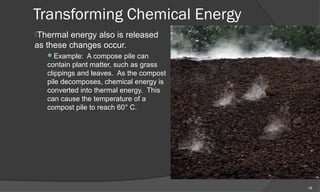 Transforming Chemical Energy
Thermal energy also is released
as these changes occur.
   Example: A compose pile can
   contain plant matter, such as grass
   clippings and leaves. As the compost
   pile decomposes, chemical energy is
   converted into thermal energy. This
   can cause the temperature of a
   compost pile to reach 60° C.




                                          18
 