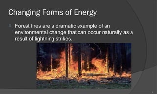 Changing Forms of Energy
   Forest fires are a dramatic example of an
    environmental change that can occur naturally as a
    result of lightning strikes.




                                                         3
 