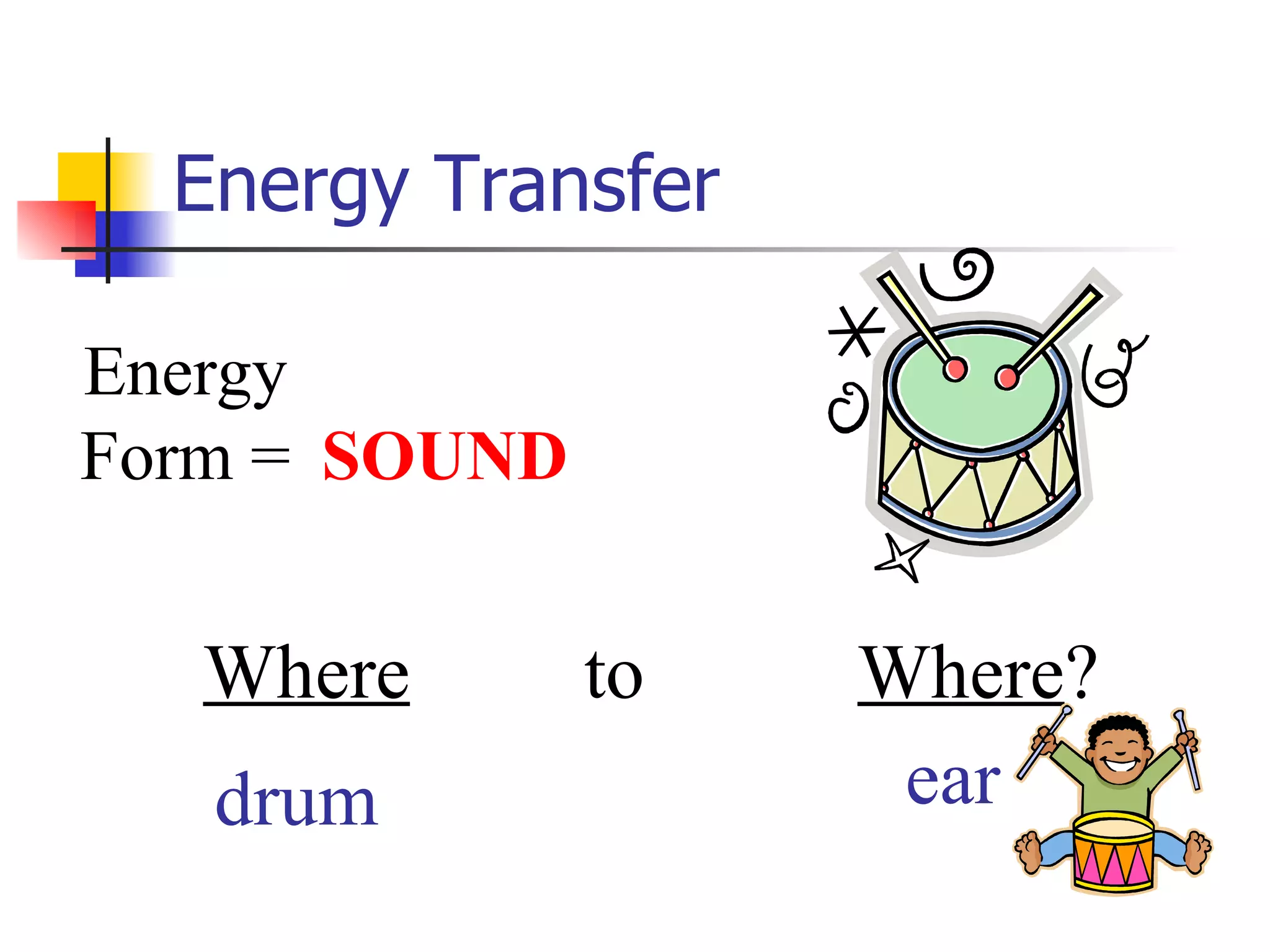 Energy Transfer Energy Form = Where   to   Where ?  ear drum SOUND 