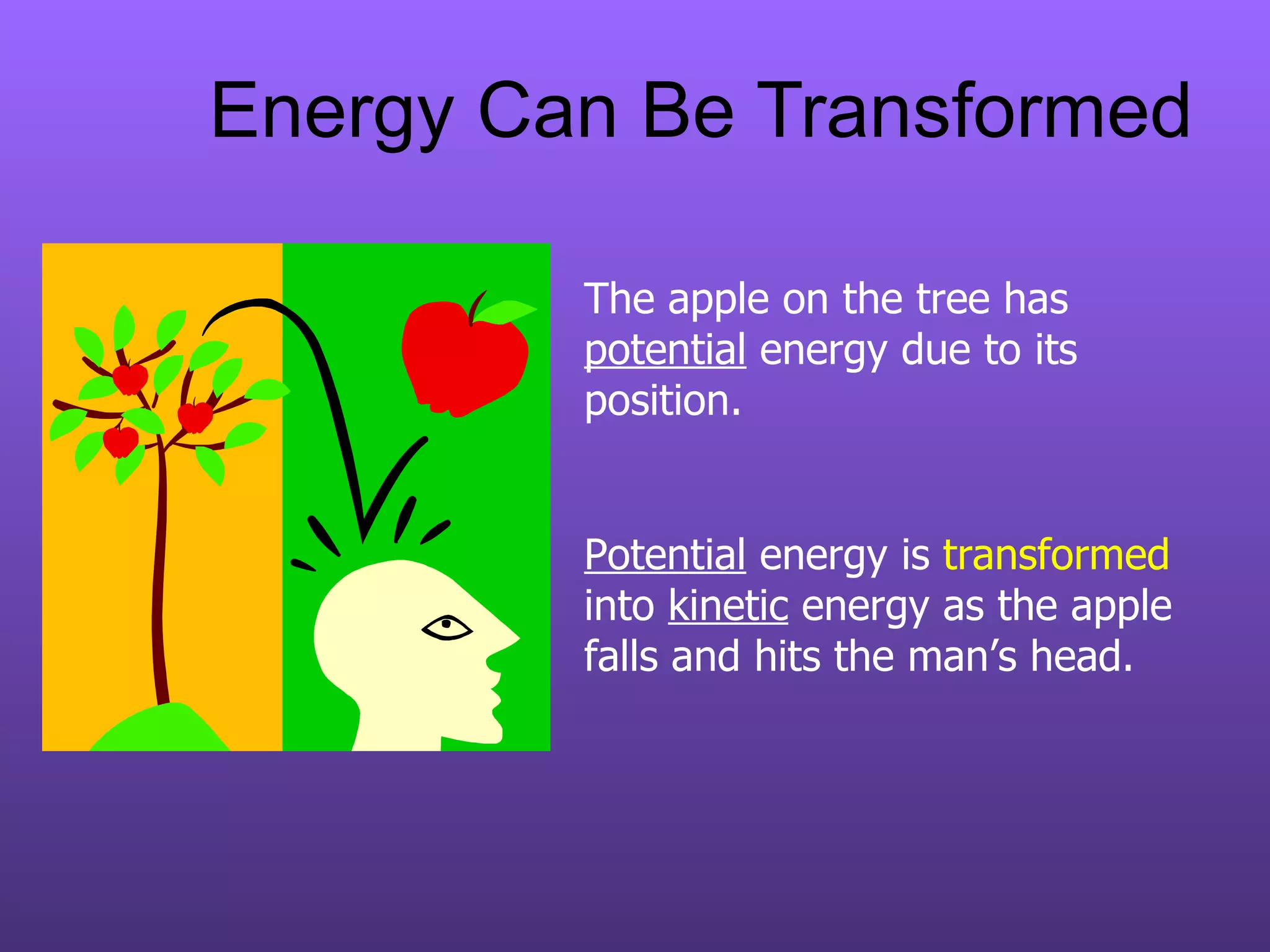 Energy Can Be Transformed The apple on the tree has  potential  energy due to its position. Potential  energy is  transformed  into  kinetic  energy as the apple falls and hits the man’s head. 
