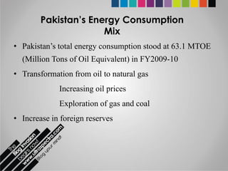 Pakistan’s Energy Consumption
                      Mix
• Pakistan’s total energy consumption stood at 63.1 MTOE
  (Million Tons of Oil Equivalent) in FY2009-10
• Transformation from oil to natural gas
             Increasing oil prices
             Exploration of gas and coal
• Increase in foreign reserves
 