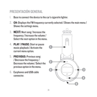 26
PRESENTACIÓN GENERAL 	
1.	 Base to connect the device to the car’s cigarette lighter.
2.	 CH: Displays the FM frequency currently selected / Shows the main menu /
Shows the settings menu.
3.	 NEXT:Next song / Increase the
frequency / Increase the volume /
Select the next option in the menu.
4.	 PLAY / PAUSE: Start or pause
music playback / Activate the
current menu option.
5.	 PREVIOUS: Previous song
/ Decrease the frequency /
Decrease the volume / Select the
previous option in the menu.
6.	 Earphones and USB cable
connector.	 		
					
		
2
1
5
6
4
3
 