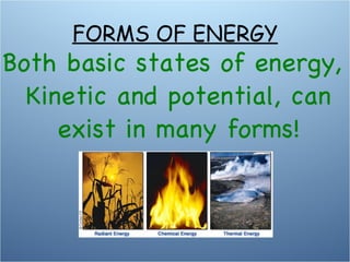 FORMS OF ENERGY Both basic states of energy, Kinetic and potential, can exist in many forms! 