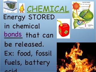 Energy STORED in chemical ____ that can be released. Ex: food, fossil fuels, battery acid bonds CHEMICAL 