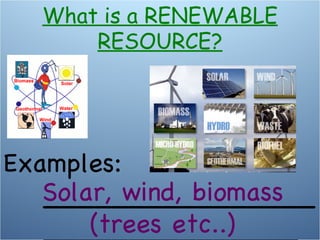 Examples: _______________________________ Solar, wind, biomass (trees etc..) What is a RENEWABLE RESOURCE? 