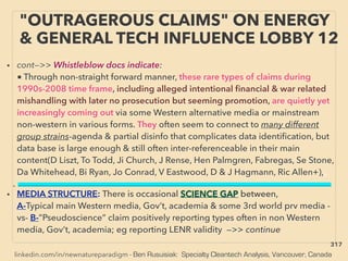 linkedin.com/in/newnatureparadigm - Ben Rusuisiak: Specialty Cleantech Analysis, Vancouver, Canada
• --------------------------------------------------------------------------------------------------------------------------------------------------------------------------------------------------------
"OUTRAGEROUS CLAIMS" ON ENERGY
& GENERAL TECH INFLUENCE LOBBY 12
• cont—>> Whistleblow docs indicate:
■ Through non-straight forward manner, these rare types of claims during
1990s-2008 time frame, including alleged intentional ﬁnancial & war related
mishandling with later no prosecution but seeming promotion, are quietly yet
increasingly coming out via some Western alternative media or mainstream
non-western in various forms. They often seem to connect to many different
group strains-agenda & partial disinfo that complicates data identiﬁcation, but
data base is large enough & still often inter-referenceable in their main
content(D Liszt, To Todd, Ji Church, J Rense, Hen Palmgren, Fabregas, Se Stone,
Da Whitehead, Bi Ryan, Jo Conrad, V Eastwood, D & J Hagmann, Ric Allen+),、
• MEDIA STRUCTURE: There is occasional SCIENCE GAP between,
A-Typical main Western media, Gov’t, academia & some 3rd world prv media -
vs- B-”Pseudoscience” claim positively reporting types often in non Western
media, Gov’t, academia; eg reporting LENR validity —>> continue
317
 
