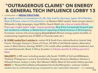 • continued—>>MEDIA STRUCTURE:
A- Largely uniform in mainstream US, UK, Cda, Aust’lia, Germany, Japan, All of Nordics,
Most of W Euro, a few in E Euro(Czech+): ie Western NGO ranked “least corrupt nations”,
Wikipedia in ALL languages, large NGOs, Quack Watch etc, a few sci media (Wired,
Phys.org+) might report “edge” science positively, Rare & but increasingly frequent gap
bet. Academia vs Media, or Media/Govn’t reporting of North America vs W Europe(eg:
Euronews: science info encouraging decentralized efﬁcient energy system beneﬁts, or
emphasizing negativity test of GMO or Fluoride water etc )
• B- SOME media/Gov’t articles in: certain W & South Euro nations(Austria, Ireland, Italy,
France, Portugal, Greece+), Some of E Euro, 20-30% of 3rd World nations, Alternative
news in West (Gizmo, Gizmag, WHDT+), Prv media often proWest science treatment, but
not state(Venezuela, Brazil, S Africa, Ecuador+), Industry speciﬁc & military journal in
West、
MAJORITY: in ME even including western ally Saudi, 70-80% of 3rd world(Malaysia,
Thailand, Philippines+), some E. Euro(Serbia, Hungary, Slovenia, Moldova, Ukraine+),
Others(S Korea, Turkey+), India, Non Western NGOs, Most of 3rd world military journals
MOST: in *Russia/China/Belarus/Kazakstan/Iran/Cuba/Mongolia+; science/ media’s
weaker ties to multinational group compared to own nationalist interests?: —>> continue
"OUTRAGEROUS CLAIMS" ON ENERGY
& GENERAL TECH INFLUENCE LOBBY 13
318
 
