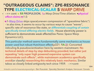linkedin.com/in/newnatureparadigm - Ben Rusuisiak: Specialty Cleantech Analysis, Vancouver, Canada
“OUTRAGEOUS CLAIMS”: ZPE-RESONANCE
TYPE ELECTRICAL-SCALAR 5 WARP DRIVE
• -->> cont: ■ 1B PROPULSION, 1a-Warp Drive/Time dilation: ●physical
effect claims: ●1-5:、
●1-Warp Drive skips space(uneven compression of "spacetime fabric")
- ie also time, it seems to occur by various ways to cause "waves",
speciﬁc rate of resonance like state, or differentials-coupling of certain
speciﬁcally timed differing electric ﬁelds. House electricity power is
sufﬁcient to demonstrate weak effects(Dav Pares: Space Warp
Dynamics LLC),、
This particular method seems fundamentally same mechanics as house
power used but robust Hutchison effect(p321: 1A-2): Concerted
ridiculing & pseudoscientization here by western mainstream: No
technical details of step by step debunking provided, but rather just
repeating "only super high powered expensive system can
demonstrate such effects", while mainstream academics speciﬁcally
avoid(or classify) researching this relatively basic mechanics. Similar
taboo as closely linked antigravity tech since 1959. -->>cont:
324
 