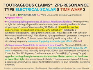linkedin.com/in/newnatureparadigm - Ben Rusuisiak: Specialty Cleantech Analysis, Vancouver, Canada
“OUTRAGEOUS CLAIMS”: ZPE-RESONANCE
TYPE ELECTRICAL-SCALAR 8 TIME WARP 3
• -->> cont: ■ 1B PROPULSION, 1a-Warp Drive/Time dilation/Superluminal:
●physical effects:、
●4-Circulating lights/photon use of Special Relativity(SR) effect: Twisting/vortex
of light i.e. twisting of space(hence time also), hence moving within this "time
striped space" means "time travelling”(R Mallet+). Should this involve
opportunities for signiﬁcant amount of ZPE extraction? Related to ET
Whittaker's longitudinal light-photon anomalies? How does it ﬁt with Wheeler–
Feynman absorber theory? Also close to light speed travel generates strong time
dilation by SR effect. This mechanics link to high efﬁciency solar cell or
circulating frequency resonance triggering overunity type effect(p68 vi-h)、
●5-Superluminal Speed links to backward time travel(RJ Nemiroff, RW Boyd+),
while superluminal propagation itself by ﬁne-tuned pulsed light frequency EM
wave is demonstrated regularly from pre yr2000 at core mainstream groups(Ray
Chao, Ste Chu, MS Bigelow, C Yelleswarapu, Kai Qian (钱楷), Qiguang Yang+):
eg pulse passing through a resonant/coherent oscillation system can be slower
or faster than light - i.e. speed is controllable. *Note also mainstream SR theory
postulates Length Contraction effect(matter shortens its own length for travelling
direction)、 327
 
