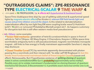 “OUTRAGEOUS CLAIMS”: ZPE-RESONANCE
TYPE ELECTRICAL-SCALAR 9 TIME WARP 4
• -->> cont: ■ 1B PROPULSION, 1a: ● effects: ●5-Superluminal & backward travel:、
Space-Time cloak(space-time skip) by use of splitting subluminal & superluminal speed
lights by magneto-electric effects(Pau Kinsler+): relevant EM ﬁeld bends light and
causes actual time dilation around the object. Is this related to dematerialization-
materialization effect by non light freq EM wave coupling/scalar wave?(J Hutchison
[p321: 1A-2]+), or rumoured Philadelphia-Montalk project etc?. As happens customary
for disruptive tech this is still often western media level pseudoscience
• ●6- Others: some examples
■ Torsion ﬁeld mechanics: generation of twist & curve(wormhole) in space in front of
vehicle to "fall in"(Shipov: 4D Warp Engine, V Chernobrov, Kozyrev+), While space-time
wormhole(ie antigravity tech) is still pseudoscientized, magnetic wormhole(ie monopole
magnet - still links to free energy) is ﬁnally mainstream approved(Alv Sanchez+): step by
step disclosure 、
■ Closed Timelike Curve(CTC) by wormhole apparently demonstrated with photon
passing thru a wormhole and then interact with "its older self"(M Ringbauer+): but this
breaks most fundamental mainstream belief of linear/singular Causality(cause and
effect): Retrocausality. But if hypothesizes existence of splitting-cloning of quantum
states it solves contradiction(Mile Gu+): probability(approximately same) reality?,
Possibly even ok to violate mainstream's fundamental no-cloning theorem of quantum
mechanics?(D Deutsch, D Bouwmeester+): it prohibits exact clone but similar one is ok-
->>cont:
328
 