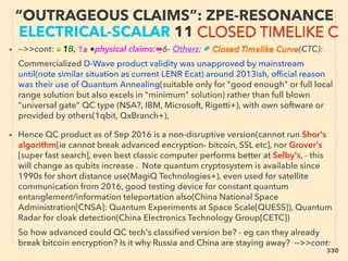 “OUTRAGEOUS CLAIMS”: ZPE-RESONANCE
ELECTRICAL-SCALAR 11 CLOSED TIMELIKE C
• —>>cont: ■ 1B, 1a ●physical claims: ●6- Others: ■ Closed Timelike Curve(CTC):、
Commercialized D-Wave product validity was unapproved by mainstream
until(note similar situation as current LENR Ecat) around 2013ish, ofﬁcial reason
was their use of Quantum Annealing(suitable only for "good enough" or full local
range solution but also excels in "minimum" solution) rather than full blown
"universal gate" QC type (NSA?, IBM, Microsoft, Rigetti+), with own software or
provided by others(1qbit, QxBranch+),
• Hence QC product as of Sep 2016 is a non-disruptive version(cannot run Shor's
algorithm[ie cannot break advanced encryption- bitcoin, SSL etc], nor Grover's
[super fast search], even best classic computer performs better at Selby's, - this
will change as qubits increase . Note quantum cryptosystem is available since
1990s for short distance use(MagiQ Technologies+), even used for satellite
communication from 2016, good testing device for constant quantum
entanglement/information teleportation also(China National Space
Administration[CNSA]: Quantum Experiments at Space Scale[QUESS]), Quantum
Radar for cloak detection(China Electronics Technology Group[CETC]) 、
So how advanced could QC tech's classiﬁed version be? - eg can they already
break bitcoin encryption? Is it why Russia and China are staying away? -->>cont:
330
 