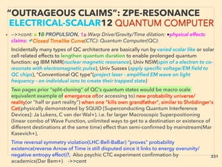 “OUTRAGEOUS CLAIMS”: ZPE-RESONANCE
ELECTRICAL-SCALAR12 QUANTUM COMPUTER
• —>>cont: ■ 1B PROPULSION, 1a-Warp Drive/Gravity/Time dilation: ●physical effects
claims: ■ Closed Timelike Curve(CTC): Quantum Computer(QC):、
Incidentally many types of QC architecture are basically run by varied scalar like or solar
cell related effects to lengthen quantum duration to enable prolonged quantum
function: eg IBM NMR(nuclear magnetic resonance), Univ NSW(spin of a electron to co-
resonate with electromagnetic pulse), Univ Sussex (apply speciﬁc voltage/EM ﬁeld to
QC chips), "Conventional QC type"(project laser - ampliﬁed EM wave on light
frequency - on individual ions to create their trapped state)、
Two pages prior "split-cloning" of QC's quantum states would be macro scale
equivalent example of emergence of(or accessing to) new probability universe/
reality(or "half or part reality") when one "kills own grandfather", similar to Shrödinger's
Cat(physically demonstrated by SQUID [Superconducting Quantum Interference
Devices]: Ja Lukens, C van der Wal+). i.e. far larger Macroscopic Superpositioning
(linear combo of Wave Function, unlimited ways to get to a destination or existence of
different destinations at the same time) effect than semi-conﬁrmed by mainstream(Mar
Kasevich+), 、
Time reversal symmetry violation(LHC-Bell-BaBar) "proves" probability
existence(reverse Arrow of Time is still disputed since it links to energy overunity/
negative entropy effect)?, Also psychic CTC experiment conﬁrmation by
academics(Dar Bem+)、->>cont
331
 