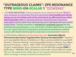 “OUTRAGEOUS CLAIMS”: ZPE-RESONANCE
TYPE MIND-EM-SCALAR 1 "DOWSING"
• ■ 1C NON-INDUSTRIAL- Electromagnetic wave related mind tech: There is
clear emphasis at mainstream they are advocating mind amplify tech almost
always via use of machine and not by mind alone, by afﬁrming former while
debunking latter tech i.e. focusing external control of mind in exclusive
patentable manner rather than empowering each individual with own control
power freely. Equally important is mainstream completely ignores the fact
published parapsychology or non-mainstream medical experiments are often
far more rigorous & strict compared to practically all mainstream medical/
science with double blind study & conservative conclusions(Ale Tsakiris+).
• 1a-EM shield unaffected non-local-scan by mind: Anomalous Mental
Phenomena/Anomalous Cognition/Extra Sensory Perception(ESP): “Psychics”
do it naturally(Nor Renier, A Dellaﬁora+), More common ability for savants(Di
Powell+), ”Remote Viewing” mind protocol(Daz Smith, Co Brown, Targ, Major-
General Thompson, J Utts+). After 1990s' CIA cancellation of ESP research,
US gov't organizations, & prv contractors are still ofﬁcially engaged(SAIC+),
(DoD, Navy - ONR [Bre Olde, Pet Squire+] etc) under various obscure names.
This can be explained by subtle type of non-aquatic electrocommunication
effect as charge is always involved at molecule level、
336
 