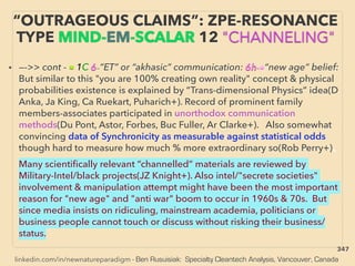linkedin.com/in/newnatureparadigm - Ben Rusuisiak: Specialty Cleantech Analysis, Vancouver, Canada
“OUTRAGEOUS CLAIMS”: ZPE-RESONANCE
TYPE MIND-EM-SCALAR 12 "CHANNELING"
• —->> cont - ■ 1C 6-”ET” or “akhasic” communication: 6h-•“new age” belief:
But similar to this "you are 100% creating own reality" concept & physical
probabilities existence is explained by “Trans-dimensional Physics” idea(D
Anka, Ja King, Ca Ruekart, Puharich+). Record of prominent family
members-associates participated in unorthodox communication
methods(Du Pont, Astor, Forbes, Buc Fuller, Ar Clarke+). Also somewhat
convincing data of Synchronicity as measurable against statistical odds
though hard to measure how much % more extraordinary so(Rob Perry+)、
Many scientiﬁcally relevant “channelled” materials are reviewed by
Military-Intel/black projects(JZ Knight+). Also intel/"secrete societies"
involvement & manipulation attempt might have been the most important
reason for "new age" and "anti war" boom to occur in 1960s & 70s. But
since media insists on ridiculing, mainstream academia, politicians or
business people cannot touch or discuss without risking their business/
status.
347
 