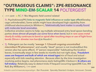 linkedin.com/in/newnatureparadigm - Ben Rusuisiak: Specialty Cleantech Analysis, Vancouver, Canada
• —>> cont - ■ 1C 7-”Bio Magnetic ﬁeld control related:、
7i- Psychokinesis(PK) links to magnetic ﬁeld inﬂuence or scalar type effect(faraday
cage unhinderable), Some adults might have developed high capability from
childhood electrocution(Jo Whitton+), Telekinetically bent matter is usually found
with molecular level anomalies.
Collective emotion seems to help: eg multiple witnessed entry level spoon bending
parties show almost all people use some force when bend, but in rare cases metal
clearly & visibly continues to bend or spiral after touching stops or use of light force
bends 20mm+ dimeter iron bars)(Ja Houck+)
• 7j- Poltergeist can be mostly “average 1-12month ongoing uncontrolled
intermittent PK phenomena”, and usually “dead” person is not involved(but this
version also has same effect). If “person responsible” habituating the location
leaves, it eventually stops in few weeks to months but not right away, Fraudulent
cases are frequent and bulk of which are mixed type(mix of fraud and actual -
especially with kids needing attention. Because often by the time investigation
involving police begins, real phenomena starts fading)(Mic Clarkson+) & others are
full trickery: Relatively easy to detect tricks if frequent occurring types(WE Cox, Wil
Roll, Bry Williams+), -->> cont
“OUTRAGEOUS CLAIMS”: ZPE-RESONANCE
TYPE MIND-EM-SCALAR 14 POLTERGEIST
349
 