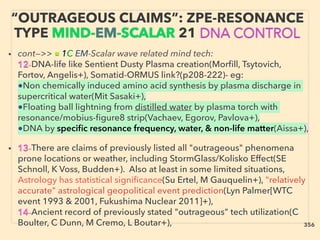• cont—>> ■ 1C EM-Scalar wave related mind tech:
12-DNA-life like Sentient Dusty Plasma creation(Morﬁll, Tsytovich,
Fortov, Angelis+), Somatid-ORMUS link?(p208-222)- eg:
●Non chemically induced amino acid synthesis by plasma discharge in
supercritical water(Mit Sasaki+),
●Floating ball lightning from distilled water by plasma torch with
resonance/mobius-ﬁgure8 strip(Vachaev, Egorov, Pavlova+),
●DNA by speciﬁc resonance frequency, water, & non-life matter(Aissa+),
• 13-There are claims of previously listed all "outrageous" phenomena
prone locations or weather, including StormGlass/Kolisko Effect(SE
Schnoll, K Voss, Budden+). Also at least in some limited situations,
Astrology has statistical signiﬁcance(Su Ertel, M Gauquelin+), "relatively
accurate" astrological geopolitical event prediction(Lyn Palmer[WTC
event 1993 & 2001, Fukushima Nuclear 2011]+),
14-Ancient record of previously stated "outrageous" tech utilization(C
Boulter, C Dunn, M Cremo, L Boutar+),
“OUTRAGEOUS CLAIMS”: ZPE-RESONANCE
TYPE MIND-EM-SCALAR 21 DNA CONTROL
356
 