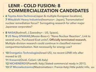 • 6 Toyota-Aisin-Technova(Japan & multiple European locations),
7 Mitsubishi Heavy Industries(Iwamura+: Japan), Transmutation/
nuclear remediation focus? Surrogating research for other major
Japanese corporates?
• 8 NASA(Bushnell, J Zawodny+ : US, Space),
9 US Navy-SPAWAR,(Mosier-Boss+): "Nano Nuclear Reaction", Link to
several univ., Purchased Ecat units?, Ofﬁcially terminated research,
Multiple division research could continue in classiﬁed manner/
compartmentalization. Not necessarily for energy use?
• 10 Energetics Technologies(Israel-US), no recent LENR info after
moved to US
11 Kresenn(Ovidi, Celani: UK-Italy)
12 NICHENERGY(Piantelli: Italy) Stated commercial ready in 2013,
13 ST Microelectronics(Mastromatteo+: France-Italy) little public info,
LENR - COLD FUSION: 8
COMMERCIALIZATION CANDIDATES
231
 