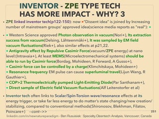 linkedin.com/in/newnatureparadigm - Ben Rusuisiak: Specialty Cleantech Analysis, Vancouver, Canada
• ZPE linked inventor tech(p122-150): now ■“Dissent idea” is joined by Increasing
number of mainstream groups' approved idea(science media reports as "real"): ■
• ■ Western Science approved Photon observation in vacuum(Nori+), Its extraction
success from vacuum(Delsing, Lähteenmäki+), It was sampled by EM ﬁeld
vacuum ﬂuctuations(Riek+), also similar effects at p21,22.
■ Antigravity effect by Repulsive Casimir Force(vacuum/ZPE energy) at nano
level:(Intravaia+), At least MEMS(Microelectromechanical systems) should be
able to run by Casimir force(Bordag, Mohideen, R Forward, A Gusso+),
■ Casimir force can be controlled by a charge(Klimchitskaya, Mohideen+)
■ Resonance frequency EM pulse can cause superluminal travel(Lijun Wang, R
Gauthier+),
■ COP>2 Thermoelectrically pumped Light-Emitting Diode(Par Santhanam+),
■ Direct sample of Electric ﬁeld Vacuum ﬂuctuations(Alf Leitenstorfer et al)
• Inventor tech often links to Scalar/Spin-Torsion wave/resonance effects at its
energy trigger, or take far less energy to do matter’s state changing/new creation/
stabilizing, compared to conventional methods(Shironosov, Blekhman, Filatov,
Poincare+) --cont—>>
INVENTOR - ZPE TYPE TECH
HAS MORE IMPACT - WHY? 3
251
 