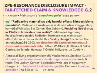 • -->>cont:■ Mainstream’s “closed two-polar” crisis pattern:
• eg1 “Radioactive material has only harmful effects & impossible to
remediate”: Radioactive waste reuse is denied while exaggerating
harm(Gal Windsor, Ber Cohen, Gus Lebon+). Providing Nobel prize
in 1940s to fabricate a new reality?(Calabrese+) ignoring:
Practically undeniable Radiation Hormesis was mainstream
effect(still so in Russia etc) till this "reality change" occurred like
antigravity(p286-290): low dose beneﬁt based on numerous &
consistent experiments data(Hattori, W Allison,K Otsuka, K Sakai,
Corrice, de Toledo, Hamasu, T Onishi, Pollycove, Je Cuttler+),
• Almost all living organisms beneﬁt(Muckerheide, Stoklasa+), Lack
of ionizing radiation causes animals to get weak or die(Ruda &
Kuzin, Tho Luckey, Conter+), coincides with lack of negatively
charged ion. Irradiated food lasts longer(Ber Cohen+), Immune
activation (Ina & Sakai+), —>> cont:
ZPE-RESONANCE DISCLOSURE IMPACT -
FAR-FETCHED CLAIM & KNOWLEDGE E.G.2
268
 