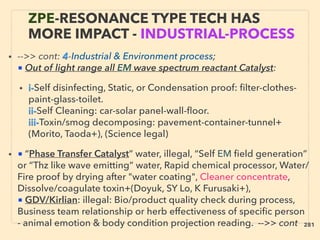 • -->> cont: 4-Industrial & Environment process;
■ Out of light range all EM wave spectrum reactant Catalyst:
• i-Self disinfecting, Static, or Condensation proof: ﬁlter-clothes-
paint-glass-toilet.
ii-Self Cleaning: car-solar panel-wall-ﬂoor.
iii-Toxin/smog decomposing: pavement-container-tunnel+
(Morito, Taoda+), (Science legal)
• ■ “Phase Transfer Catalyst” water, illegal, “Self EM ﬁeld generation”
or “Thz like wave emitting” water, Rapid chemical processor, Water/
Fire proof by drying after "water coating", Cleaner concentrate,
Dissolve/coagulate toxin+(Doyuk, SY Lo, K Furusaki+),
■ GDV/Kirlian: illegal: Bio/product quality check during process,
Business team relationship or herb effectiveness of speciﬁc person
- animal emotion & body condition projection reading. -->> cont
ZPE-RESONANCE TYPE TECH HAS
MORE IMPACT - INDUSTRIAL-PROCESS
281
 