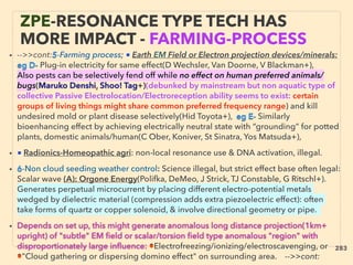 ZPE-RESONANCE TYPE TECH HAS
MORE IMPACT - FARMING-PROCESS
• -->>cont:5-Farming process; ■ Earth EM Field or Electron projection devices/minerals:
eg D- Plug-in electricity for same effect(D Wechsler, Van Doorne, V Blackman+),
Also pests can be selectively fend off while no effect on human preferred animals/
bugs(Maruko Denshi, Shoo! Tag+)(debunked by mainstream but non aquatic type of
collective Passive Electrolocation/Electroreception ability seems to exist: certain
groups of living things might share common preferred frequency range) and kill
undesired mold or plant disease selectively(Hid Toyota+), eg E- Similarly
bioenhancing effect by achieving electrically neutral state with “grounding” for potted
plants, domestic animals/human(C Ober, Koniver, St Sinatra, Yos Matsuda+),
• ■ Radionics-Homeopathic agri: non-local resonance use & DNA activation, illegal.
• 6-Non cloud seeding weather control: Science illegal, but strict effect base often legal:
Scalar wave (A): Orgone Energy(Polifka, DeMeo, J Strick, TJ Constable, G Ritschl+).
Generates perpetual microcurrent by placing different electro-potential metals
wedged by dielectric material (compression adds extra piezoelectric effect): often
take forms of quartz or copper solenoid, & involve directional geometry or pipe.
• Depends on set up, this might generate anomalous long distance projection(1km+
upright) of "subtle" EM ﬁeld or scalar/torsion ﬁeld type anomalous "region" with
disproportionately large inﬂuence: ●Electrofreezing/ionizing/electroscavenging, or
●"Cloud gathering or dispersing domino effect" on surrounding area. -->>cont:
283
 