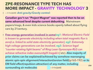 ZPE-RESONANCE TYPE TECH HAS
MORE IMPACT - GRAVITY TECHNOLOGY 3
• -->>cont: Anti-gravity/Gravity control:、
Canadian gov't run "Project Magnet" was reported then to be on
same advanced level despite current debunking. Mainstream
papers/mags, & even kids science books openly talked about ﬂying
cars by 21century.
• Free energy generation involved in some(eg1: Motional Electric Field
is known to generate electricity including when total magnetic ﬂux is
zero[i.e. linked to solid state electricity generator], eg2: Extremely
high voltage generations can be involved, eg3: Science legal
“counter rotating light beams” of Ring Laser Gyroscope-RLG can
achieve refractive index overunity[K Inagaki+] etc). Also majority of
prior claims can be explained/achieved by somehow rearranging
atomic spin-spin alignment/interaction(torsion ﬁeld)(p165-192) or its
EM ﬁeld effect(repulsion-attraction) of any matter, including
surrounding air molecules -->>cont:
288
 