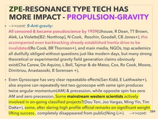 ZPE-RESONANCE TYPE TECH HAS
MORE IMPACT - PROPULSION-GRAVITY
• -->>cont: 9-Anti-gravity:
All censored & became pseudoscience by 1959(Uhouse, R Dean, TT Brown,
Alek, La Violette[B2: Northrop], N Cook, Roschin, Goodall, CB Jones+), this
accompanied even backtracking already established Inertia drive to be
invalidated(Ro Cook, BR Thornson+), and main media, NGOs, top academics
all dutifully obliged without questions just like modern days, but many strong
theoretical or experimental gravity ﬁeld generation claims obviously
exist(Cha Carew, De Aquino, L Bell, Tajmar & de Matos, Cox, Ro Cook, Moore,
Dimitriou, Anastasozki, B Sorensen +),
• Even Gyroscope has very clear repeatable effects(San Kidd, E Laithwaite+),
also anyone can repeatedly test two gyroscope with same spin produces
twice angular momentum(AM) & precession, while opposite spin has zero
AM and zero precession, Some mainstream western scientists actively
involved in on-going classiﬁed projects?(Dou Torr, Jos Vargas, Ming Yin, Tim
Datta+), some, after daring high proﬁle ofﬁcial remarks on signiﬁcant weight
lifting success , completely disappeared from public(Ning Li+). -->>cont:
289
 