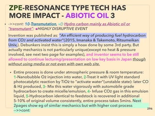 • ->>cont: 10-Transmutation, ■D Hydro carbon mainly as Abiotic oil or
“transmutant”: ●HIGHLY DISRUPTIVE EVENT、
Invention was published as: "An efﬁcient way of producing fuel hydrocarbon
from CO2 and activated water"(2015, Imanaka & Takemoto, Ritsumeikan
Univ,). Debunkers insist this is simply a hoax done by some 3rd party. But
actually mechanics is not particularly unique(except no heat & pressure
involved, see next two page for examples), and inventor seems to be still
allowed to continue lecturing/presentation on low key basis in Japan though
without using media or not even with own web site.
• Entire process is done under atmospheric pressure & room temperature:
1-Nanobubble O2 injection into water, 2-Treat it with UV light standard
photocatalytic reaction by TiO2 to "activate water"(unstable state): later CO
& H2 produced, 3- Mix this water vigorously with automobile grade
hydrocarbon to create micelle/emulsion, 4- Infuse CO2 gas in this emulsion
liquid, 5-Hydrocarbon identical to feedstock is recovered in additional
5-10% of original volume consistently, entire process takes 5mins. Next
2pages show eg of similar mechanics but with higher cost process
-->>cont:
ZPE-RESONANCE TYPE TECH HAS
MORE IMPACT - ABIOTIC OIL 3
296
 