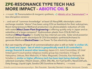 linkedin.com/in/newnatureparadigm - Ben Rusuisiak: Specialty Cleantech Analysis, Vancouver, Canada
ZPE-RESONANCE TYPE TECH HAS
MORE IMPACT - ABIOTIC OIL 5
• ->>cont. 10 Transmutation & inorganic synthesis, ■D Abiotic oil or “transmutant”: ●
less-disruptive versions:
• ■ and sort of "common knowledge" at least US Navy(NRL electrolytic cation
exchange module "demo") has been using CO2 as feedstock for their submarines,
Room temp/pressure Methanol production via photocatalytic reduction of CO2
with water(Mitsui Zosen Plant Engineering+) offering quietly only in Japan and as
subsidiary of a large company? Hydrocarbon plastic from CO2 & H2O via
methanol(Mitsui Kagaku+): mostly low key internal use only. Solar-wind power(or
residual) based water electrolysis & CO2 biocatalytic synthesis(Archaea) to
generate Methane(ElectroChaea+) as Power To Gas electricity storage.
• But vast majority of large # of commercialization plan is still on hold: In civilian US,
UK, Israel and Japan - last of which is geopolitically weak & US controlled in
energy, ﬁnancial & several other issues(eg Japan-U.S. Joint Committee, US Intel
linked govn’t-court-police-religious-media group key members; H Segi, K
Hatoyama, Uekusa, Mut Mabuchi, H Yabe, Magosaki, Onizuka, Kaz Hamada, Mi
Schaller+), similar or higher efﬁciency tech has been kept being shelved(a few
selected examples: Hitachi Zosen, JAXA, SNL-INL, Air Fuel Synth’s, NewCO2Fuels,
Doty Energy, Liquid Light, Sandia CR5 Sunshine to Petrol+), -->>cont: 298
 