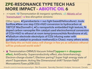 linkedin.com/in/newnatureparadigm - Ben Rusuisiak: Specialty Cleantech Analysis, Vancouver, Canada
• ->>cont. 10 Transmutation & inorganic synthesis, ■D Abiotic oil or
“transmutant”: ● less-disruptive versions: 、
Other types, ●Cyanobacteria + sun light based(Helioculture): Joule
Sunﬂow,●New one step CO2+H2O conversion to hydrocarbon at
180°C(F MacDonnell+), ●Cu nanoparticle embedded high texture, N-
doped carbon nanospike ﬁlm catalyst used electrochemical conversion
of CO2+H2O to ethanol at room temp/pressure(Ada Rondinone et al),
●Palladium electrode electrolysis of CO2 infusing water with
pyridinium catalyst to produce methanol(Lin Chao): many others exists.
But likely this on-hold status will change in few yrs as cellulosic ethanol
will be produced world wide?
• ♛ Transmutation-ORMUS-Vacuum linked?(appear<-> disappear-
effect, AntiGravity- Superconductivity effect, also bioenhancing),
Electron-charge-cluster?, Electron paring? Super high energy state of
atom? Superatom: Acting like Dimensional shift? Torsion ﬁeld?
Monoatomic?(see p208-222)
ZPE-RESONANCE TYPE TECH HAS
MORE IMPACT - ABIOTIC OIL 6
299
 