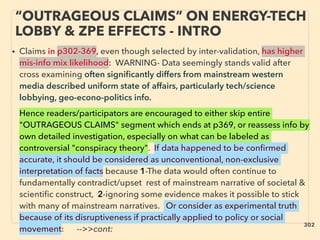 “OUTRAGEOUS CLAIMS” ON ENERGY-TECH
LOBBY & ZPE EFFECTS - INTRO
• Claims in p302-369, even though selected by inter-validation, has higher
mis-info mix likelihood: WARNING- Data seemingly stands valid after
cross examining often signiﬁcantly differs from mainstream western
media described uniform state of affairs, particularly tech/science
lobbying, geo-econo-politics info. 、
Hence readers/participators are encouraged to either skip entire
"OUTRAGEOUS CLAIMS" segment which ends at p369, or reassess info by
own detailed investigation, especially on what can be labeled as
controversial "conspiracy theory". If data happened to be conﬁrmed
accurate, it should be considered as unconventional, non-exclusive
interpretation of facts because 1-The data would often continue to
fundamentally contradict/upset rest of mainstream narrative of societal &
scientiﬁc construct, 2-ignoring some evidence makes it possible to stick
with many of mainstream narratives. Or consider as experimental truth
because of its disruptiveness if practically applied to policy or social
movement: -->>cont:
302
 