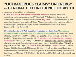 • --cont—>> Whistleblow docs indicate:
■ Small but Gov’t & Intel dominant factions’ control of Western allies’ top
media(news, cinema, documentary)(V Marchetti, W Colby+), or Songs, Music
video(Da McGowan, Mar Devlin+) activity in “key areas”: Classiﬁed versions of intel
agencies' Entertainment Liaison Ofﬁce. Alleged their strong involvement in(if not
control of) pro sports(Bri Tuohy+), even some mild evidence in art(F Stonor
Saunders+), some 3rd world.
• US intel's close tie with Wall Street from inception is ofﬁcial data, Many Western
Nation's large local gov't admin staff is ﬁlled by intel members(Jes Ventura+), even
ofﬁcially more than half of US Intel budget goes to private contractors to do dirty
work(Pra Chatterjee+): black projects?, US presidents might initially start career as
Intel asset(And Krieg+), Gov’t/Space/Military etc backed by co-operative network
of prv contractors & ﬁnancial group particularly strong tie to US intel(eg PROMIS: M
Ruppert, Ptech: Ind Singh+) at “certain level”, to manage ”critical” affairs(D Gibson,
Inouye, E Grifﬁn, Stockwell, M Glennon, Bil Moyer+), US president could not stop
own intel(linked to corporate & ﬁnancial groups) & military attempting to overthrow
top European Allies(eg JFK - De Galle, Op Gladio etc)(Dav Talbot, Dan Ganser+).
cont—>>
"OUTRAGEROUS CLAIMS" ON ENERGY
& GENERAL TECH INFLUENCE LOBBY 10
315
 