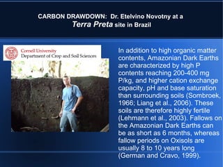 CARBON DRAWDOWN: Dr. Etelvino Novotny at a
        Terra Preta site in Brazil


                       In addition to high organic matter
                       contents, Amazonian Dark Earths
                       are characterized by high P
                       contents reaching 200-400 mg
                       P/kg, and higher cation exchange
                       capacity, pH and base saturation
                       than surrounding soils (Sombroek,
                       1966; Liang et al., 2006). These
                       soils are therefore highly fertile
                       (Lehmann et al., 2003). Fallows on
                       the Amazonian Dark Earths can
                       be as short as 6 months, whereas
                       fallow periods on Oxisols are
                       usually 8 to 10 years long
                       (German and Cravo, 1999).
 