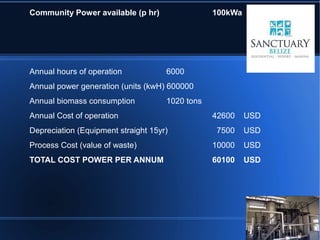 Community Power available (p hr)                 100kWa




Annual hours of operation            6000
Annual power generation (units (kwH) 600000
Annual biomass consumption           1020 tons
Annual Cost of operation                         42600    USD
Depreciation (Equipment straight 15yr)           7500     USD
Process Cost (value of waste)                    10000    USD
TOTAL COST POWER PER ANNUM                       60100    USD
 