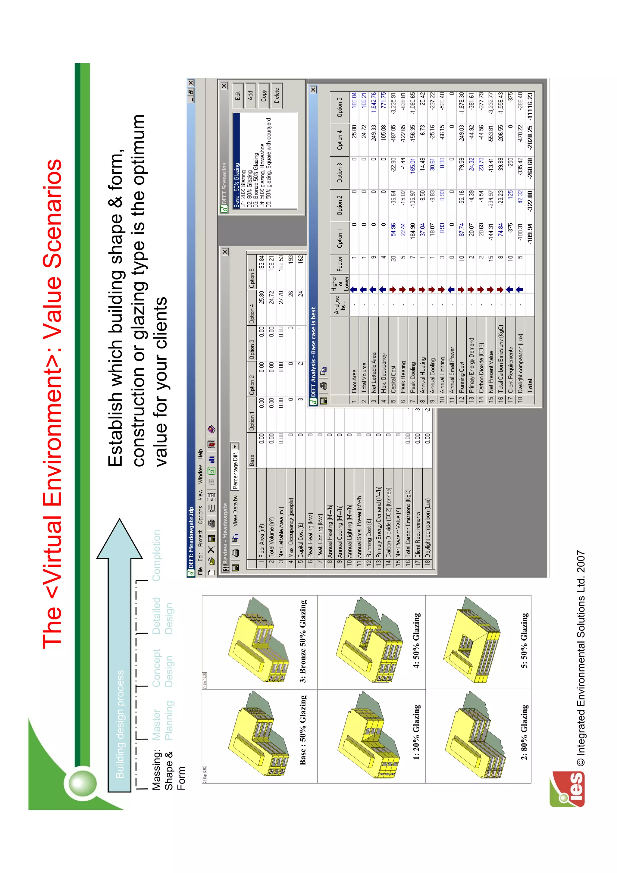 The <Virtual Environment>: Value Scenarios

  Building design process                                     Establish which building shape & form,
                                                              construction or glazing type is the optimum
Massing: Master          Concept     Detailed    Completion
Shape & Planning         Design      Design
                                                              value for your clients
Form




    Base : 50% Glazing   3: Bronze 50% Glazing




     1: 20% Glazing         4: 50% Glazing




     2: 80% Glazing         5: 50% Glazing




    © Integrated Environmental Solutions Ltd. 2007
 