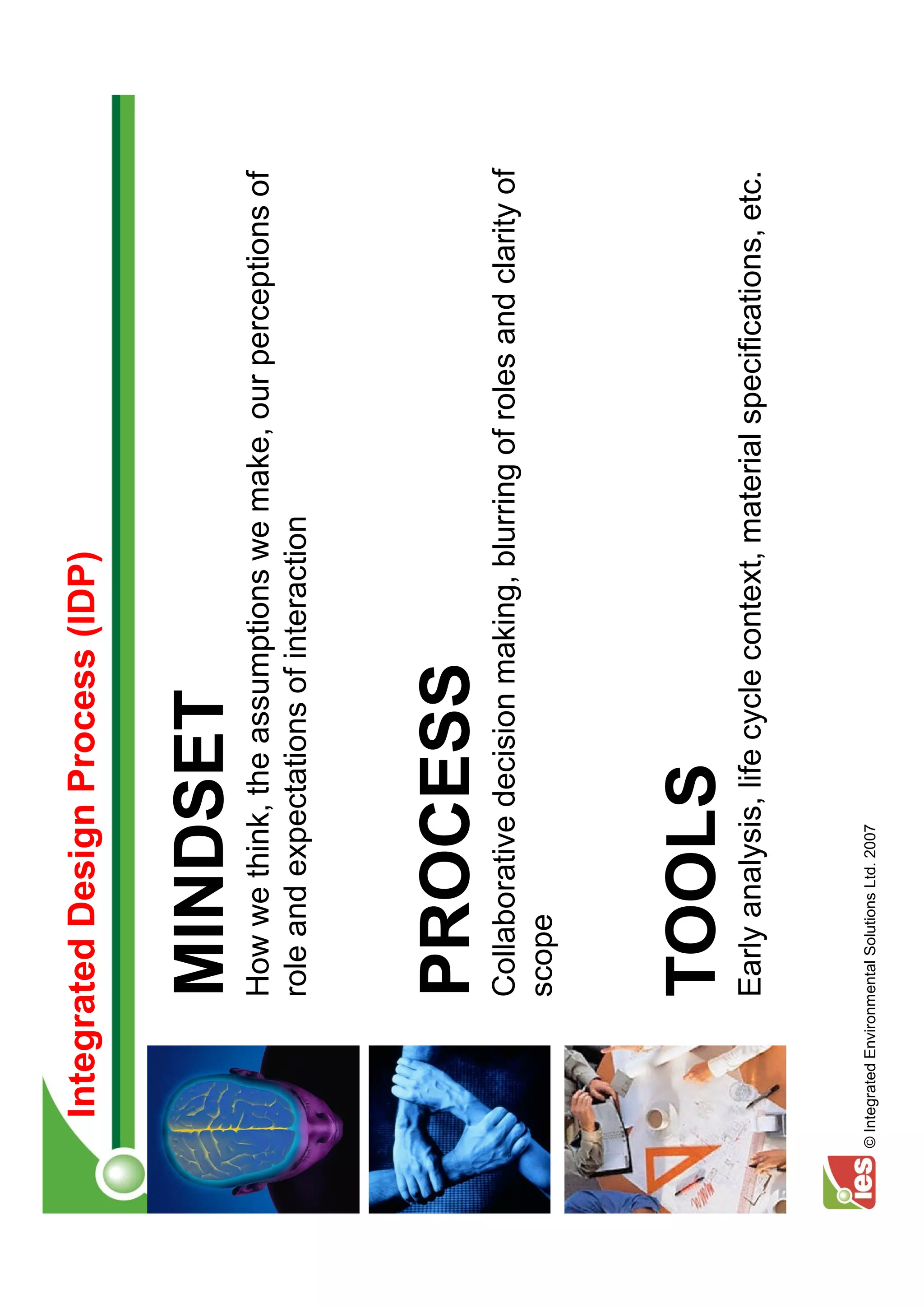 Integrated Design Process (IDP)


                     MINDSET
                     How we think, the assumptions we make, our perceptions of
                     role and expectations of interaction




                     PROCESS
                     Collaborative decision making, blurring of roles and clarity of
                     scope




                     TOOLS
                     Early analysis, life cycle context, material specifications, etc.


© Integrated Environmental Solutions Ltd. 2007
 