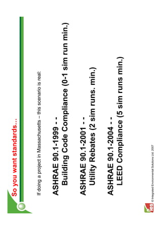 So you want standards


     If doing a project in Massachusetts – this scenario is real:


     ASHRAE 90.1-1999 - -
       Building Code Compliance (0-1 sim run min.)

     ASHRAE 90.1-2001 - -
       Utility Rebates (2 sim runs. min.)

     ASHRAE 90.1-2004 - -
       LEED Compliance (5 sim runs min.)



© Integrated Environmental Solutions Ltd. 2007
 