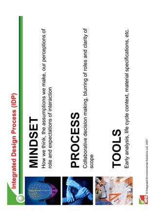 Integrated Design Process (IDP)


                     MINDSET
                     How we think, the assumptions we make, our perceptions of
                     role and expectations of interaction




                     PROCESS
                     Collaborative decision making, blurring of roles and clarity of
                     scope




                     TOOLS
                     Early analysis, life cycle context, material specifications, etc.


© Integrated Environmental Solutions Ltd. 2007
 
