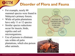 19
• For example, nearly 80
mammal species were found in
Malaysia's primary forests.
• While oil palm plantations
have only 11 or 12 species
• Similar species reductions
occur for insects, birds,
reptiles and soil
microorganisms.
• Use of poisons to eliminate
rats within oil palm
plantations, which also poison
other animals.
 