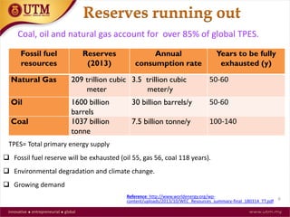 Reserves running out
Fossil fuel
resources
Reserves
(2013)
Annual
consumption rate
Years to be fully
exhausted (y)
Natural Gas 209 trillion cubic
meter
3.5 trillion cubic
meter/y
50-60
Oil 1600 billion
barrels
30 billion barrels/y 50-60
Coal 1037 billion
tonne
7.5 billion tonne/y 100-140
Reference: http://www.worldenergy.org/wp-
content/uploads/2013/10/WEC_Resources_summary-final_180314_TT.pdf
Coal, oil and natural gas account for over 85% of global TPES.
 Fossil fuel reserve will be exhausted (oil 55, gas 56, coal 118 years).
 Environmental degradation and climate change.
 Growing demand
6
TPES= Total primary energy supply
 