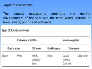 Aquatic ecosystems
The aquatic ecosystems constitute the marine
environments of the seas and the fresh water systems in
lakes, rivers, ponds and wetlands.
 